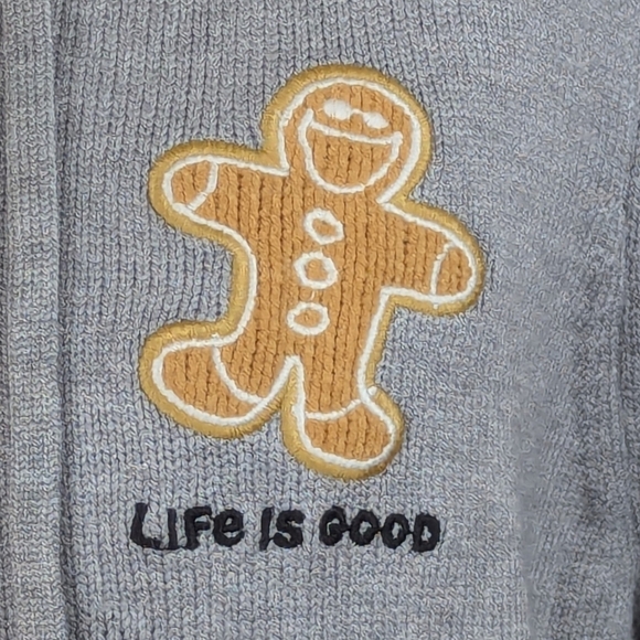 Life Is Good Sweater Hooded Knit Embroidered Gingerbread Man Grey M NWT - Picture 3 of 12